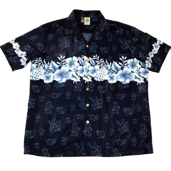 HAWAIIAN SHIRT SZ XL BLUE KENNINGTON HAIBISCUS PINAPPLES BEACH OUTDOORS MENS - Picture 1 of 4